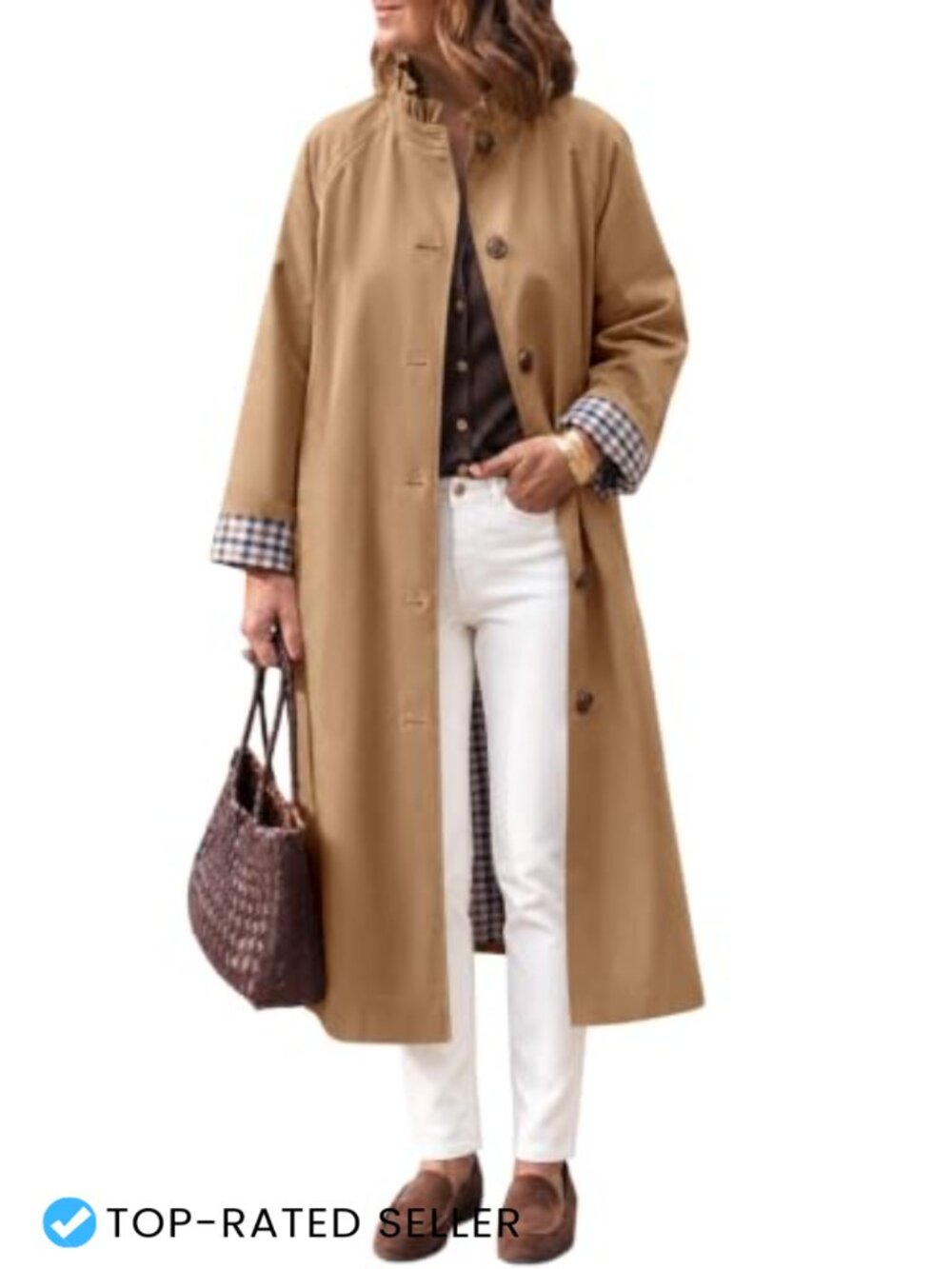Womens Oversized Long Trench Coat Ruffle Collar Plaid Lining Button Down Pockets
